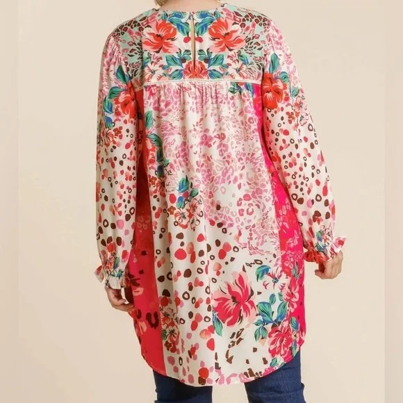Umgee | NWT Rosie Fushia Floral Animal Print Dot Long Sleeve Tunic Dress - Picture 10 of 12